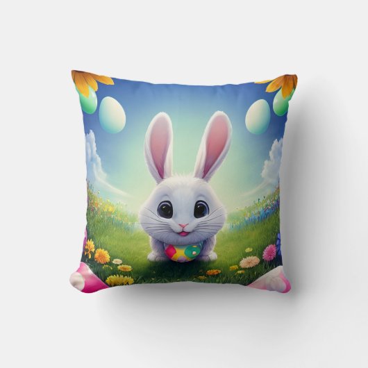 Coussin Lapin Blanc Mignon avec Œufs de Pâques (Recto)
