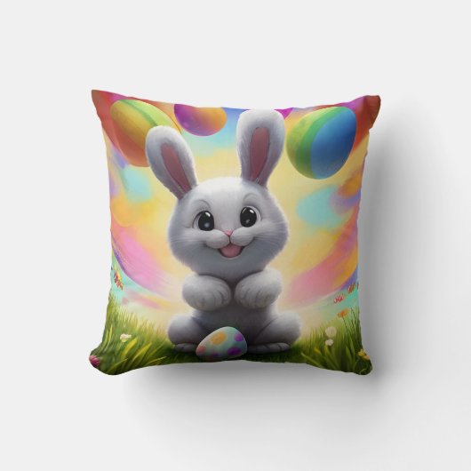 Coussin Lapin Blanc Mignon avec Œufs de Pâques (Recto)