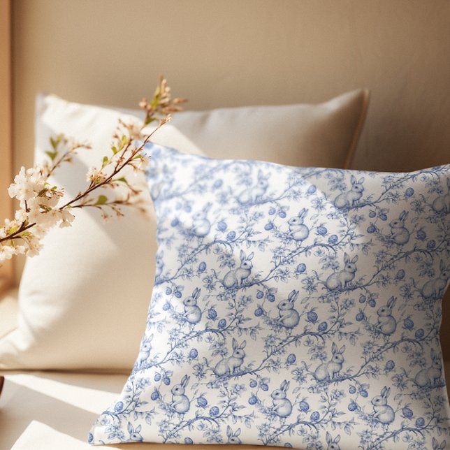 Coussin Lapin Bleu Élégant Toile Pâques (Créateur téléchargé)