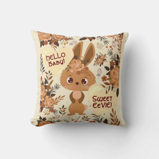 Coussin Lapin Brun Chocolat Floral aux Fraises (Recto)