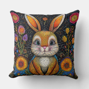 Coussin Lapin dans un cadre floral fantaisiste