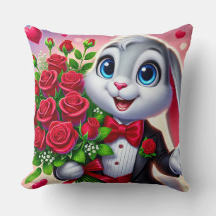 Coussin Lapin de dessin animé charmant tenant des roses