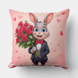 Coussin Lapin de dessin animé charmant tenant des roses