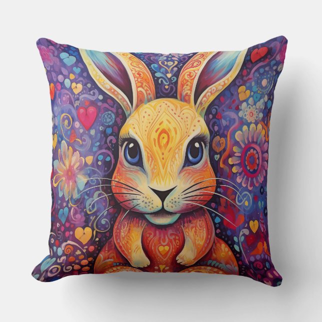 Coussin Lapin de la Saint-Valentin Fleurs cœurs violet (Recto)