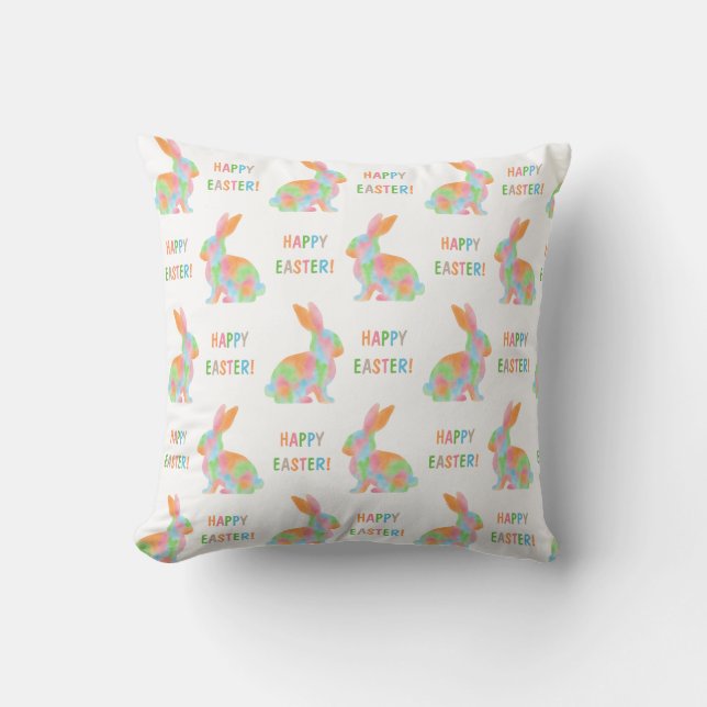 Coussin Lapin de Pâques à motif aquarelle coloré Joyeuses  (Recto)