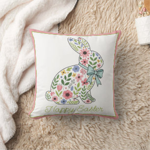 Coussin Lapin de Pâques aux fleurs sauvages roses et bleue