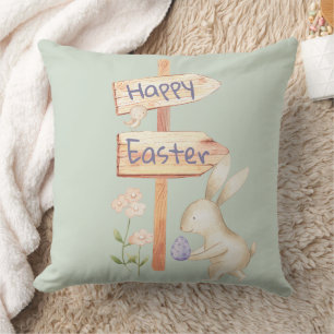 Coussin Lapin de Pâques heureux et œuf sur fond vert