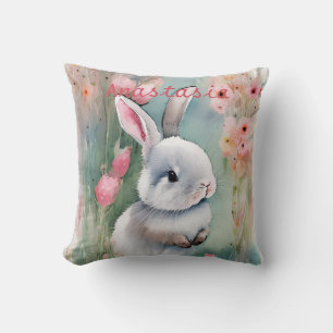 Coussin Lapin de Pâques mignon Pastel Aquarelle Fleurs de
