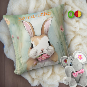 Coussin Lapin de Pâques mignon Pastel Aquarelle Fleurs de