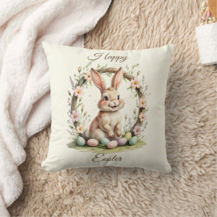 Coussin Lapin de Pâques vintage avec une couronne de fleur