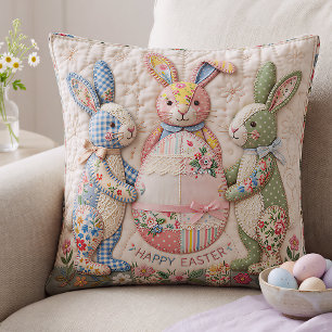 Coussin Lapin de Pâques vintage imprimé faux patchwork