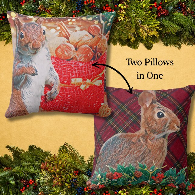 Coussin Lapin de vacances rustique et écureuil double face (With a squirrel on one side and a rabbit on the other, this Christmas accent pillow is versatile.)