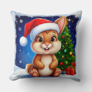 Coussin Lapin heureux avec un chapeau de Père Noël