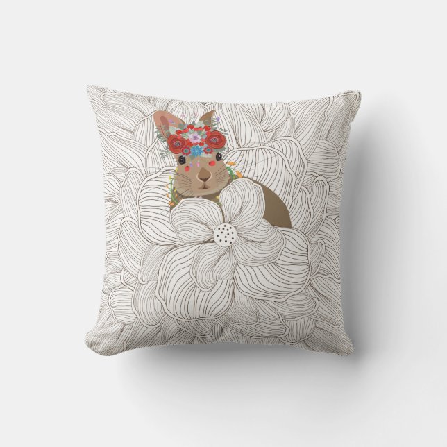 Coussin Lapin Lapin Lapin Doodé Floral | Vacances de Pâque (Recto)
