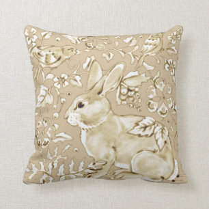 Coussin Lapin Lapin Oiseau Beige Tan, Ivory Floral Éléga