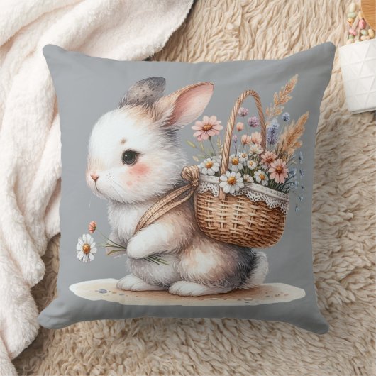 Coussin Lapin mignon avec fleurs aquarelle (Couverture)