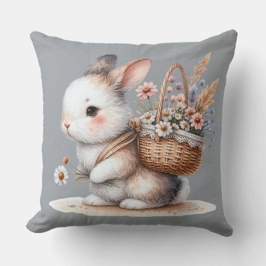 Coussin Lapin mignon avec fleurs aquarelle (Recto)
