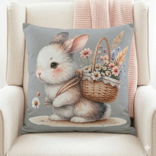 Coussin Lapin mignon avec fleurs aquarelle