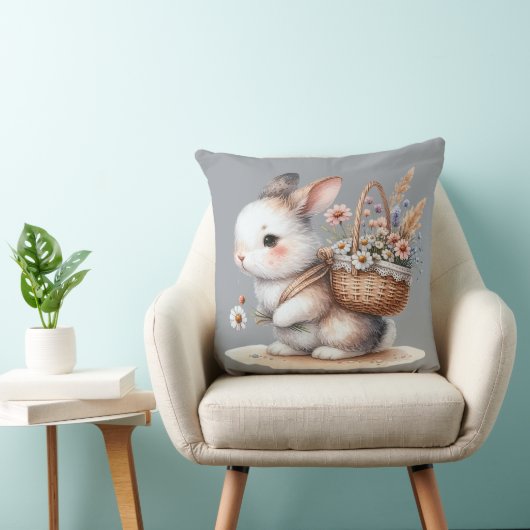 Coussin Lapin mignon avec fleurs Art à l'aquarelle (Chaise)