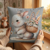 Coussin Lapin Mignon avec Fleurs Art Aquarelle