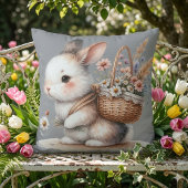 Coussin Lapin Mignon avec Fleurs Art Aquarelle