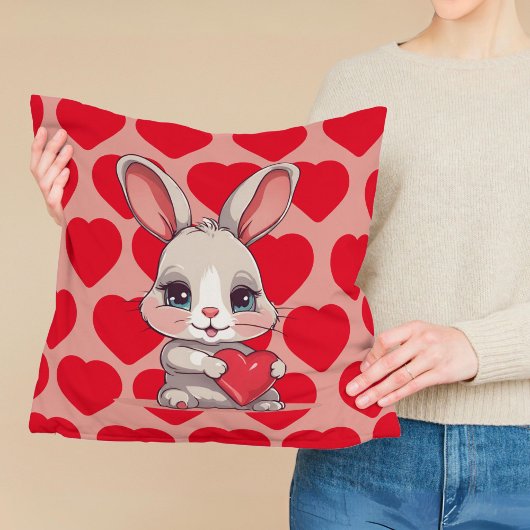 Coussin Lapin Mignon Cœurs Rouges Saint Valentin Amour