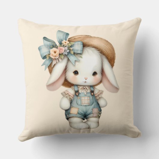 Coussin Lapin Mignon en Salopette avec Chapeau de Paille e (Verso)