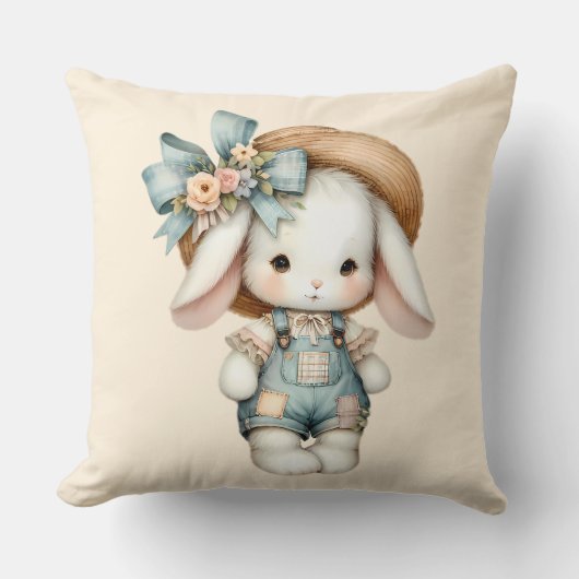 Coussin Lapin Mignon en Salopette avec Chapeau de Paille e (Recto)