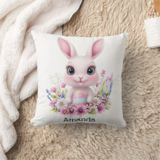 Coussin Lapin Mignon Fleurs Roses avec Oeuf de Pâques