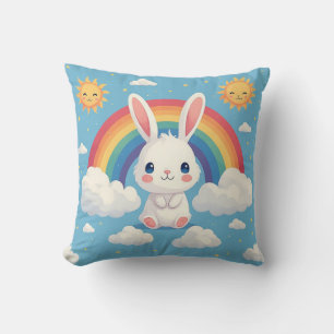 Coussin Lapin mignon flottant sur des nuages sous un arc-e