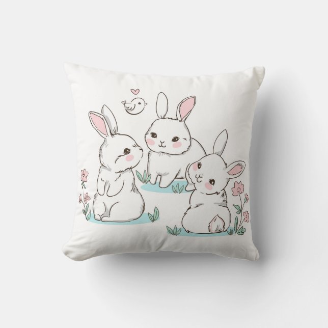 Coussin Lapin mignon lapins rose Fleurs de printemps Pâque (Recto)