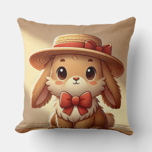 Coussin Lapin mignon portant un chapeau de paille
