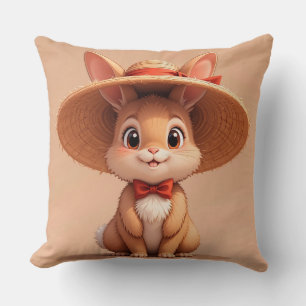 Coussin Lapin mignon portant un chapeau de paille