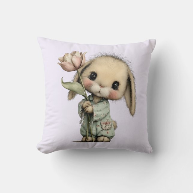 Coussin Lapin mignon tenant une Tulipe (Recto)