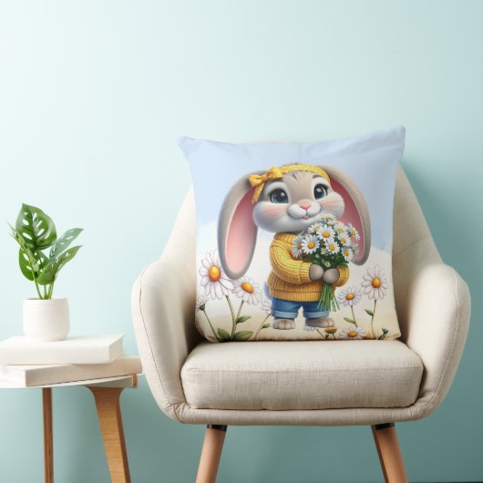 Coussin Lapin oreilles roses marguerites blanches (Chaise)