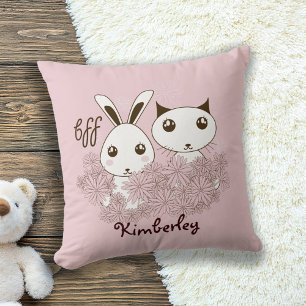 Coussin Lapin rose et chaton, meilleurs amis, pour enfants