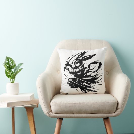 Coussin Lapin Samouraï Guerrier à l'Encre Noire (Chaise)