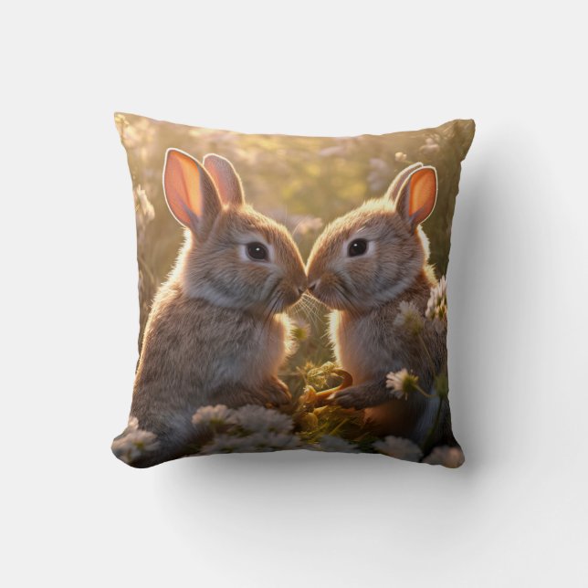 Coussin Lapins Adorables dans le Pré de Printemps Design (Recto)