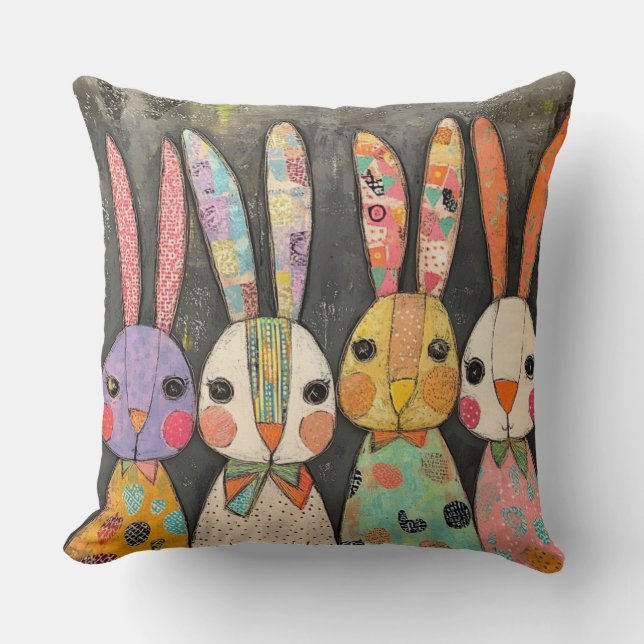 Coussin Lapins de Pâques fantaisistes en patchwork (Recto)