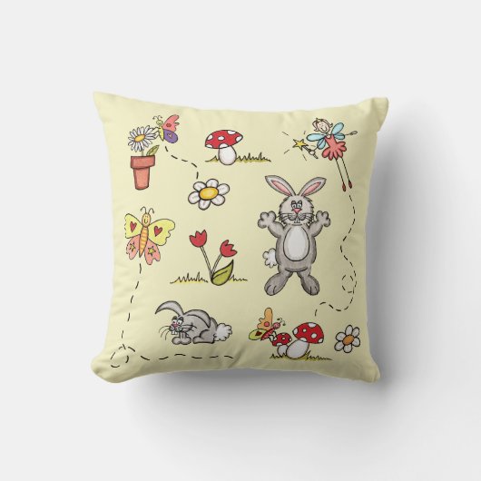 Coussin Lapins, Papillons, Fleurs & Fée (Recto)