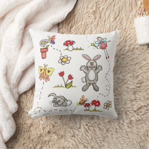 Coussin Lapins, Papillons, Fleurs & Fée