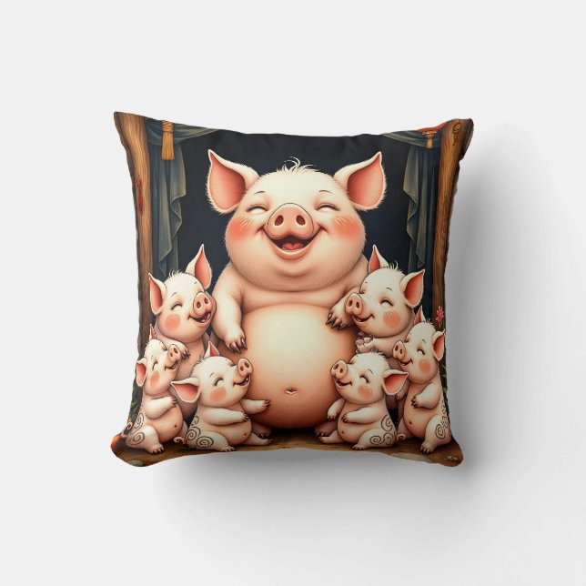 Coussin L'art du cochon - Mère et porcelets (Recto)