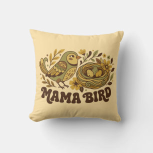 Coussin L'art rétro de Mama Bird – Illustration de la natu