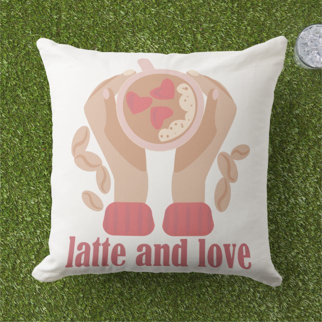 Coussin Latte et coupe d'amour, mains et citation de café (Herbe)