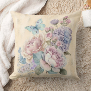 Coussin Lavande à huile de crème et pivoines roses et papi