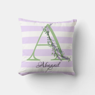 Coussin Lavande clair violet bandes blanches monogramme