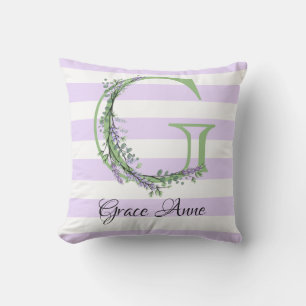 Coussin Lavande clair violet bandes blanches monogramme