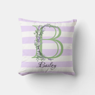 Coussin Lavande clair violet bandes blanches monogramme