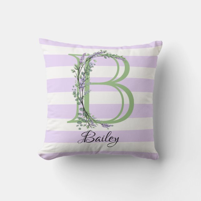 Coussin Lavande clair violet bandes blanches monogramme (Recto)