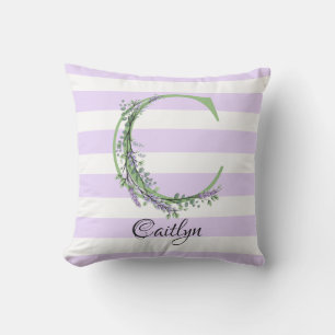 Coussin Lavande clair violet bandes blanches monogramme